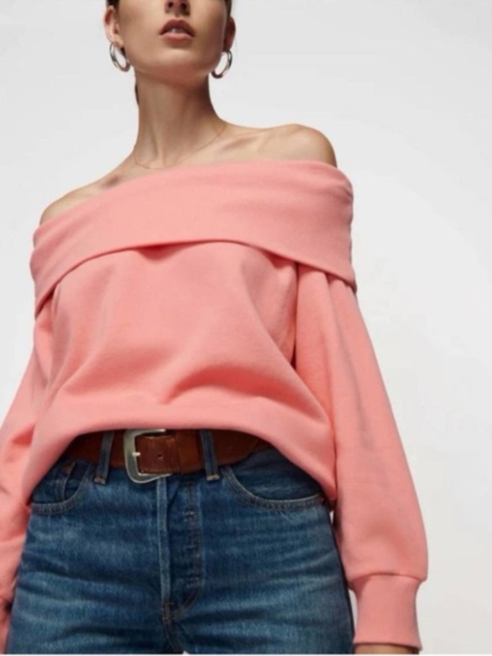 Nation LTD Barbie Long Sleeve Foldover Off Shoulder Top Pullover Coral Pink XS
